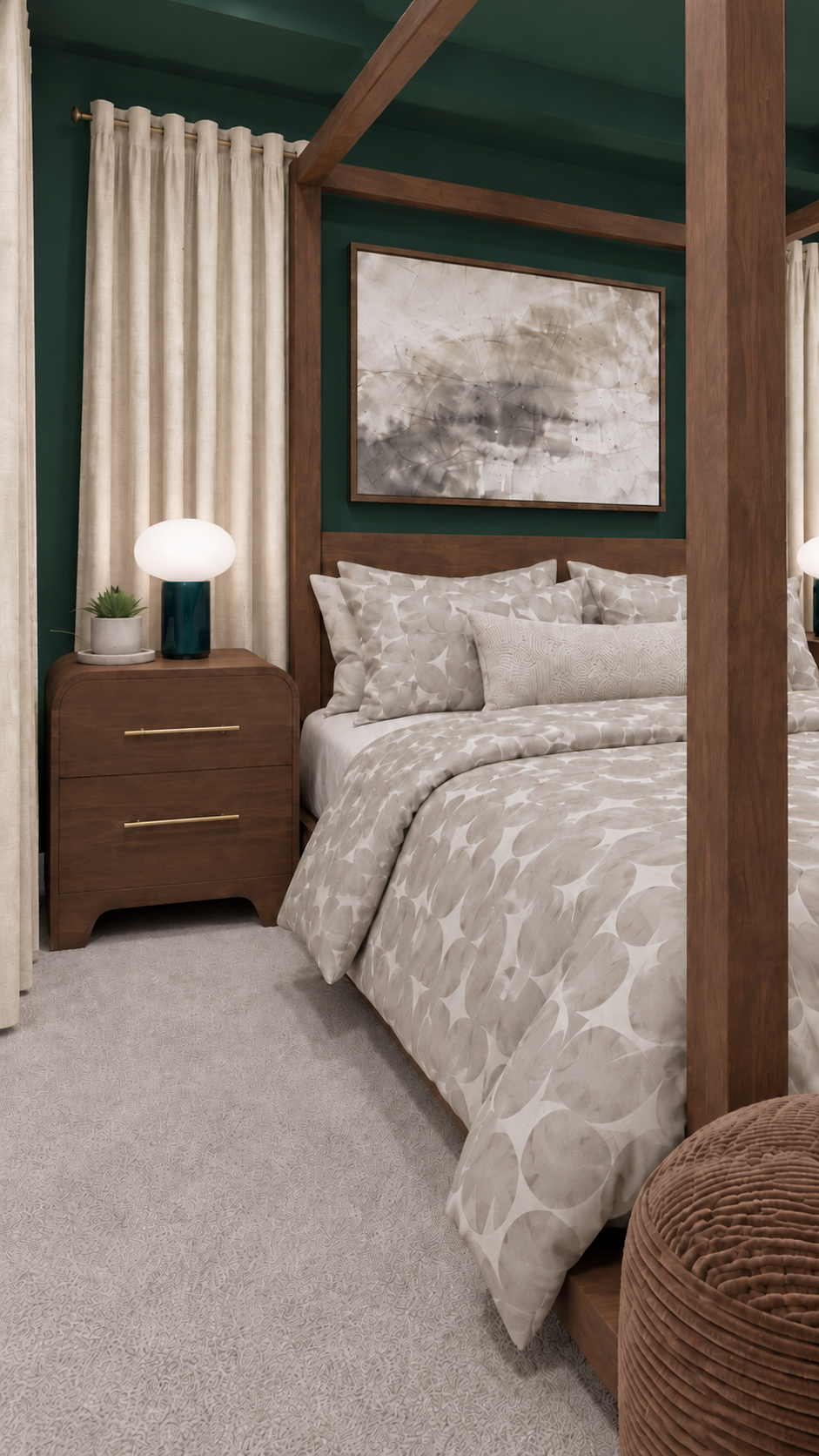 Completed green bedroom viewed from the left side