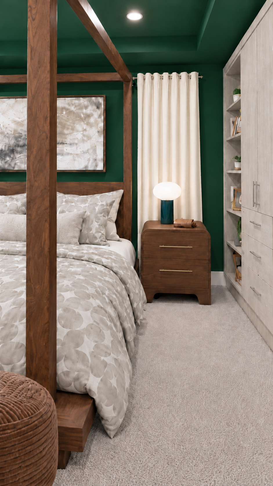 Completed green bedroom viewed from the right side